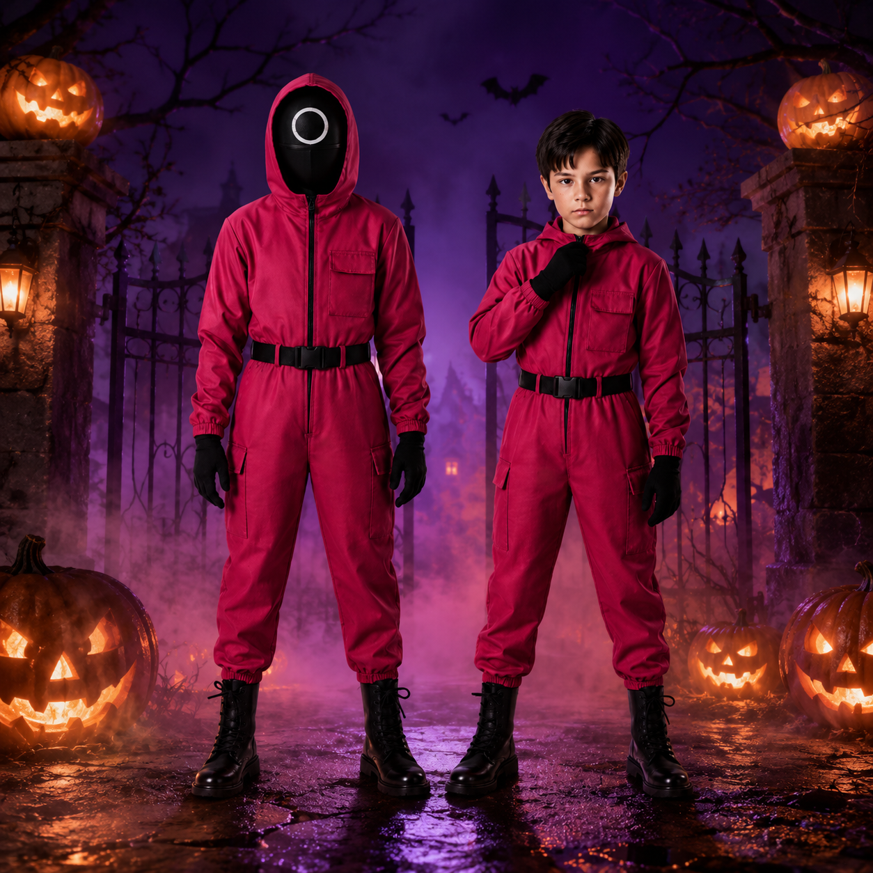 Kids' Halloween Hooded Jumpsuit Costume with Mesh Mask and Gloves Trick-Or-Treat - Image 1