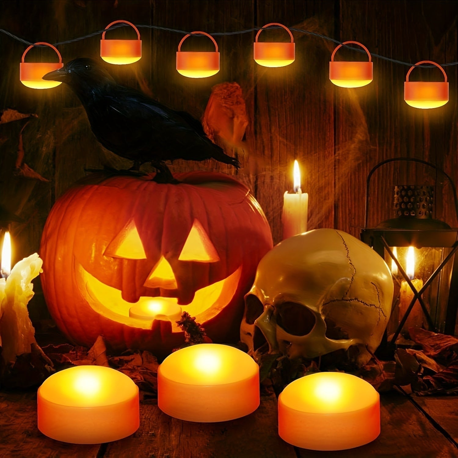 Kids' Halloween Jack O Lantern Pumpkin LED Tea Light Candles with Remote Control Battery Operated - Image 3