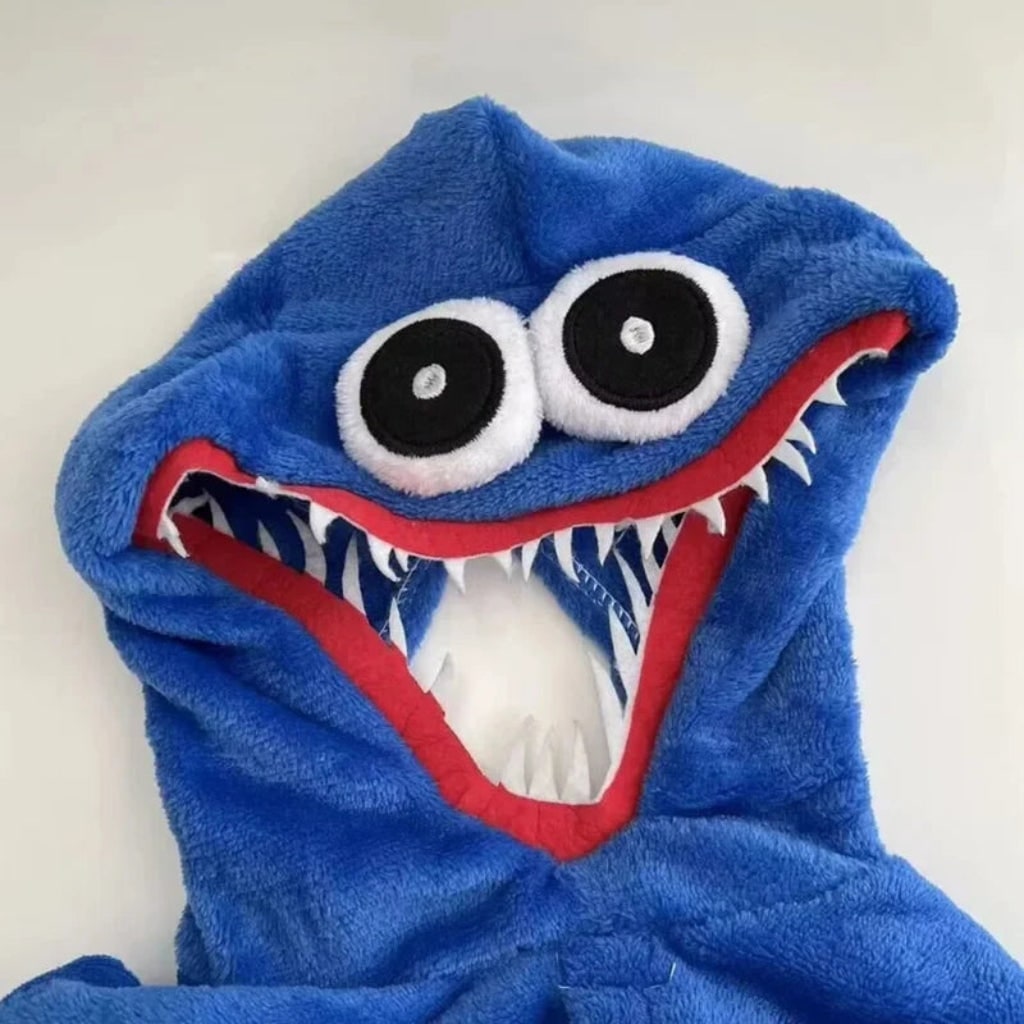 Kids' Halloween Monster Onesie Plush Jumpsuit Costume with Hood and Embroidered Eyes - Image 4