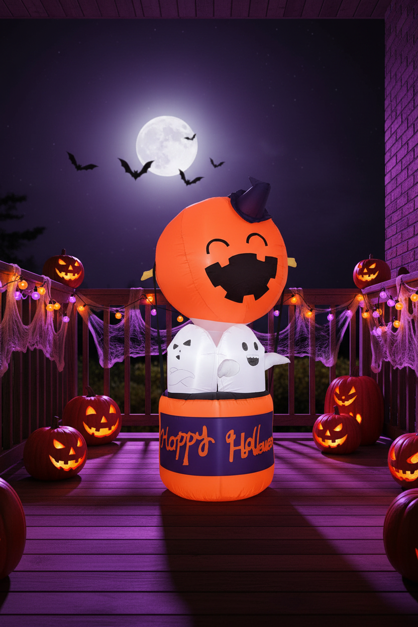 Kids' Halloween Outdoor Decoration Inflatable Blow Up Pumpkin Hot Air Balloon with Ghost and LED Lights - Image 1
