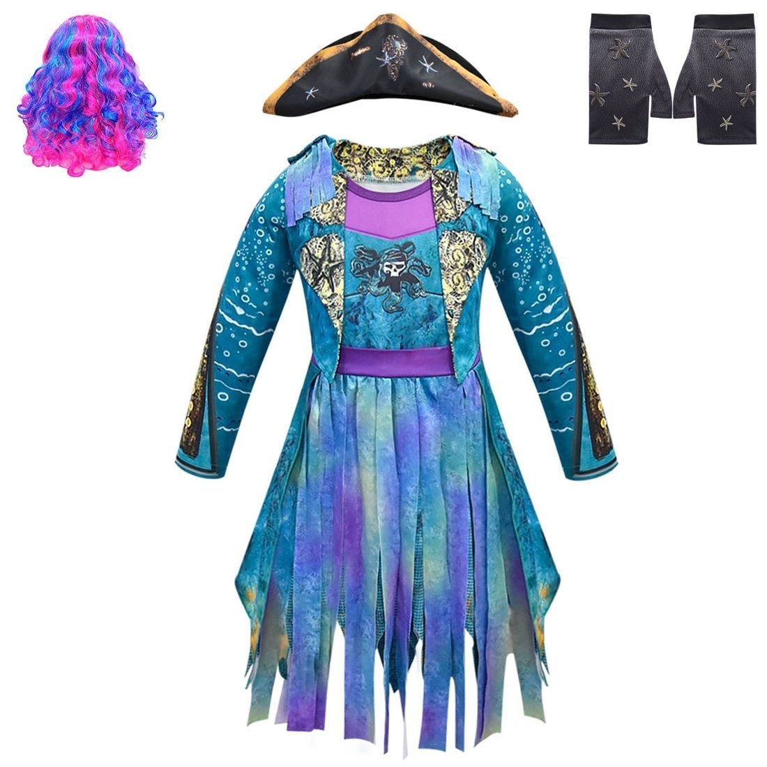 Kids' Halloween Pirate Costume Dress Outfit with and for Skull Graphic and Tattered Hem - Image 1
