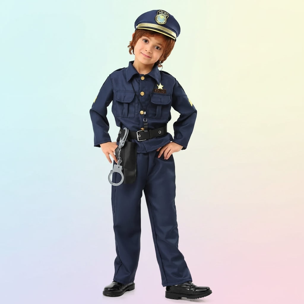 Kids' Halloween Police Officer Cop Costume for Children with Hat Accessories and Toy Handcuffs - Image 1