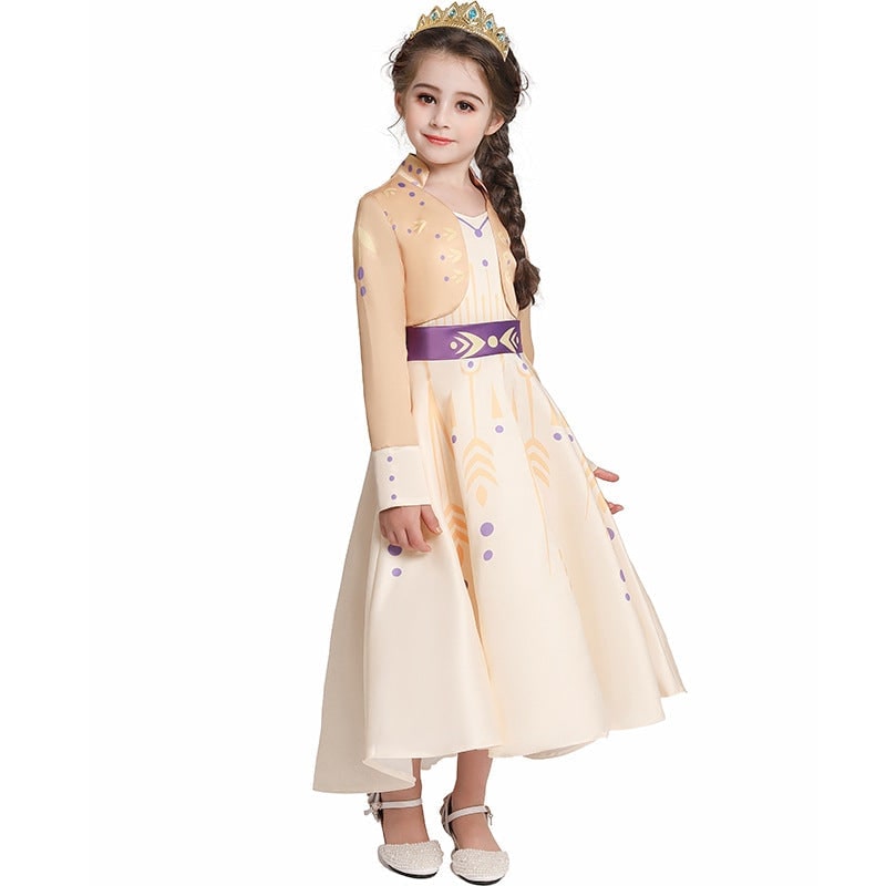 Kids' Halloween Princess Costume Dress with Long Sleeves and Purple Sash Bow - Image 3