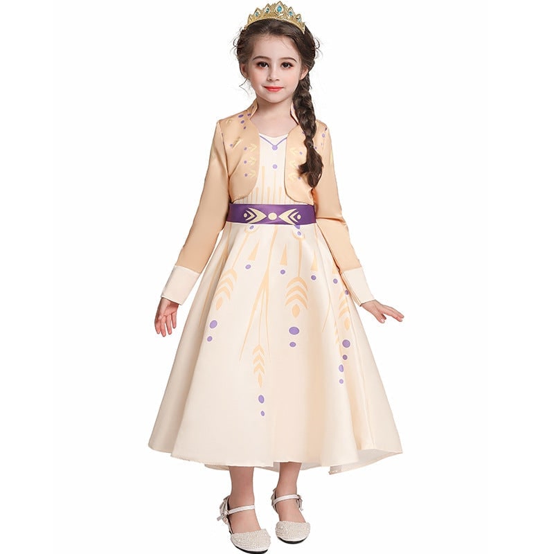 Kids' Halloween Princess Costume Dress with Long Sleeves and Purple Sash Bow - Image 7
