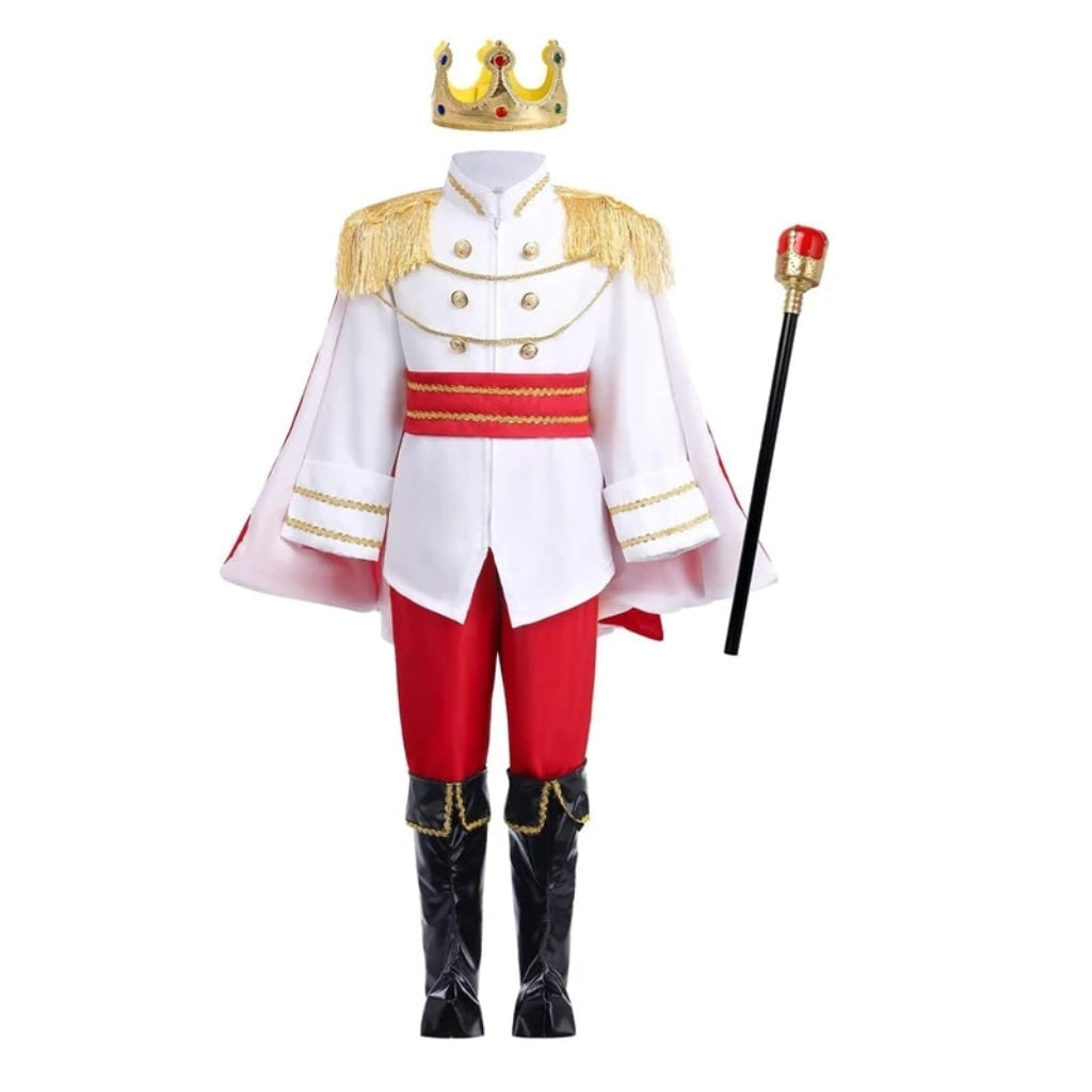 Kids' Halloween Royal Prince Costume Set with Gold Crown Scepter and Red Cape - Image 2