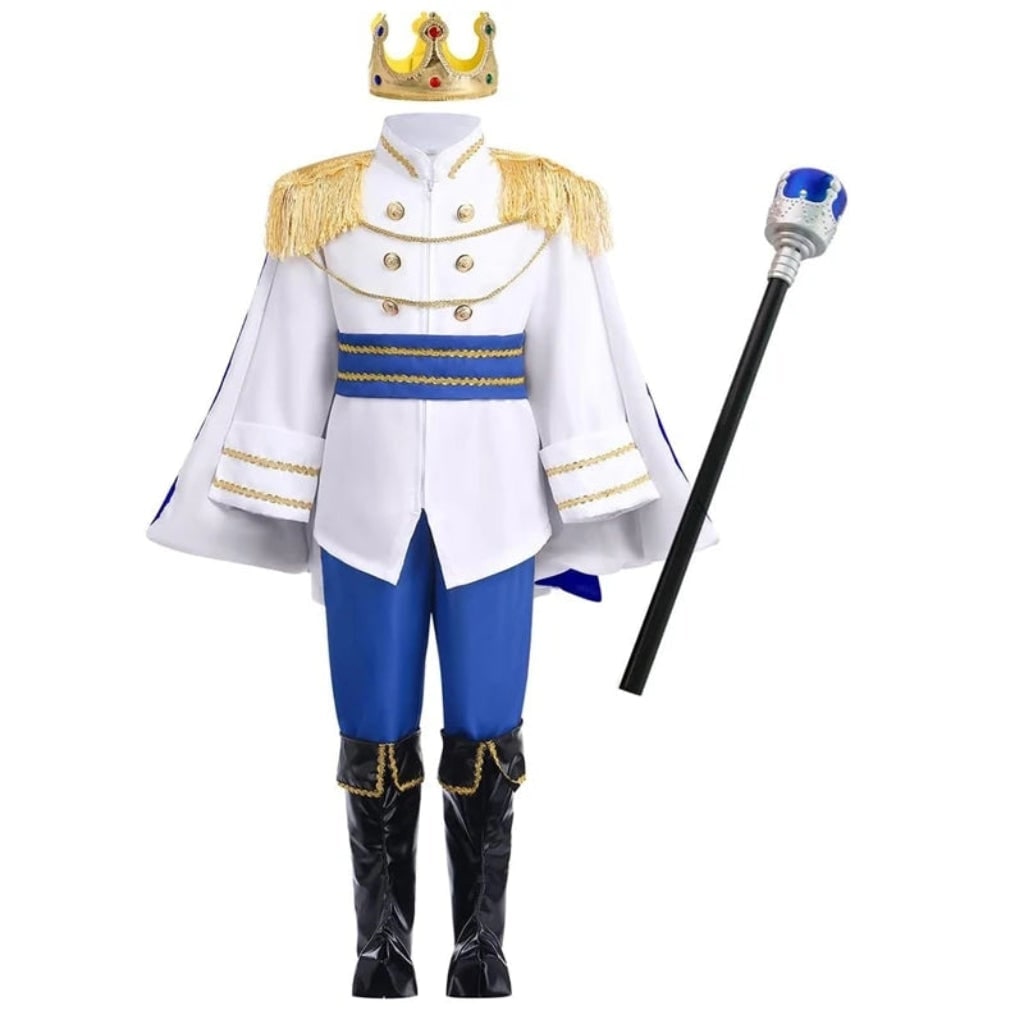 Kids' Halloween Royal Prince Costume Set with Gold Crown Scepter and Red Cape - Image 3