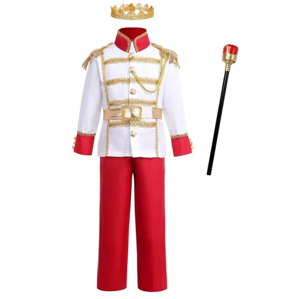 Kids' Halloween Royal Prince Costume Set with Gold Crown Scepter and Red Cape - Image 4