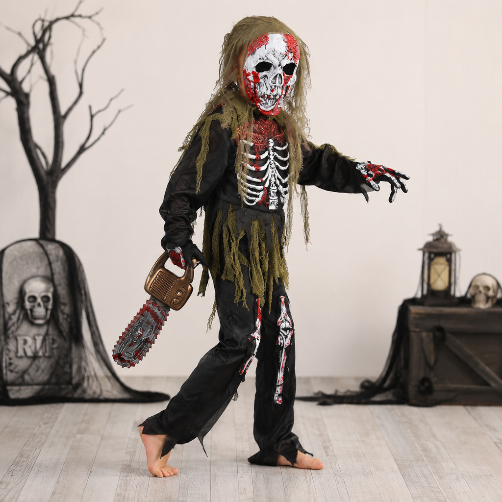 Kids' Halloween Zombie Skeleton Costume with Mask and Gloves for Scary Party Dress-Up - Image 1