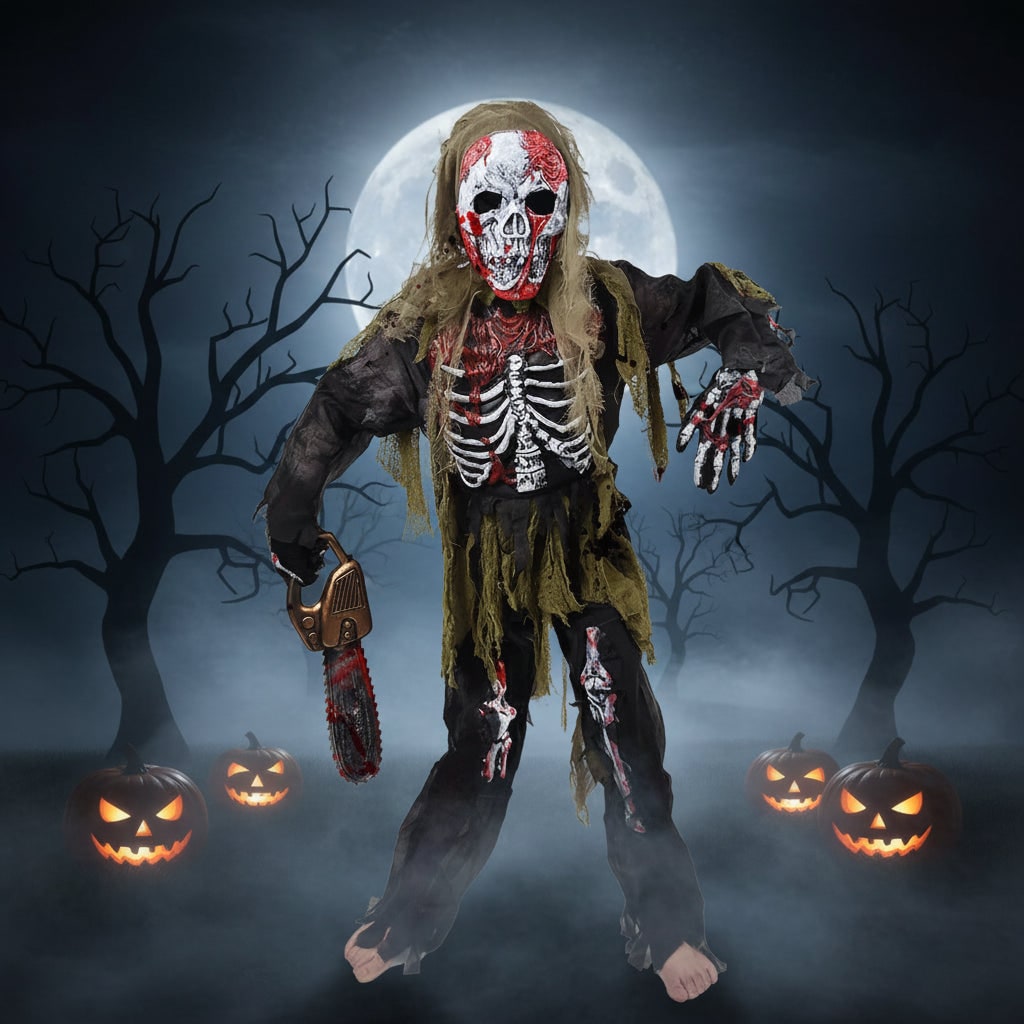 Kids' Halloween Zombie Skeleton Costume with Skull Mask and Gloves Three-Piece Set - Image 1