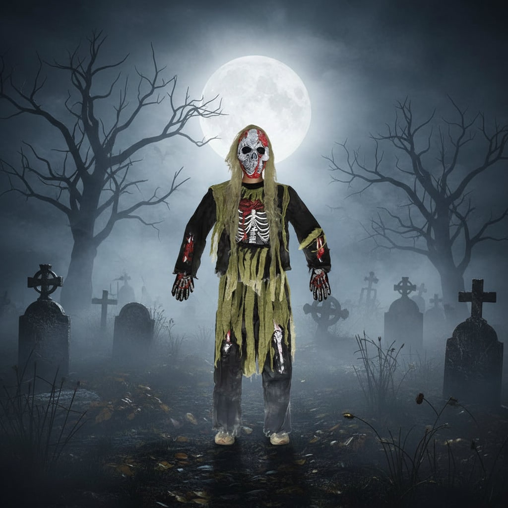 Kids' Halloween Zombie Skeleton Costume with Skull Mask and Gloves Three-Piece Set - Image 2