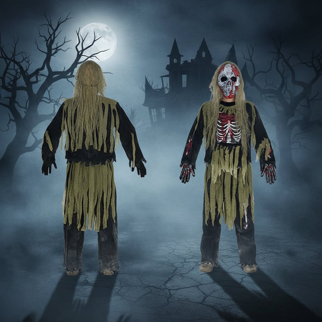 Kids' Halloween Zombie Skeleton Costume with Skull Mask and Gloves Three-Piece Set - Image 3