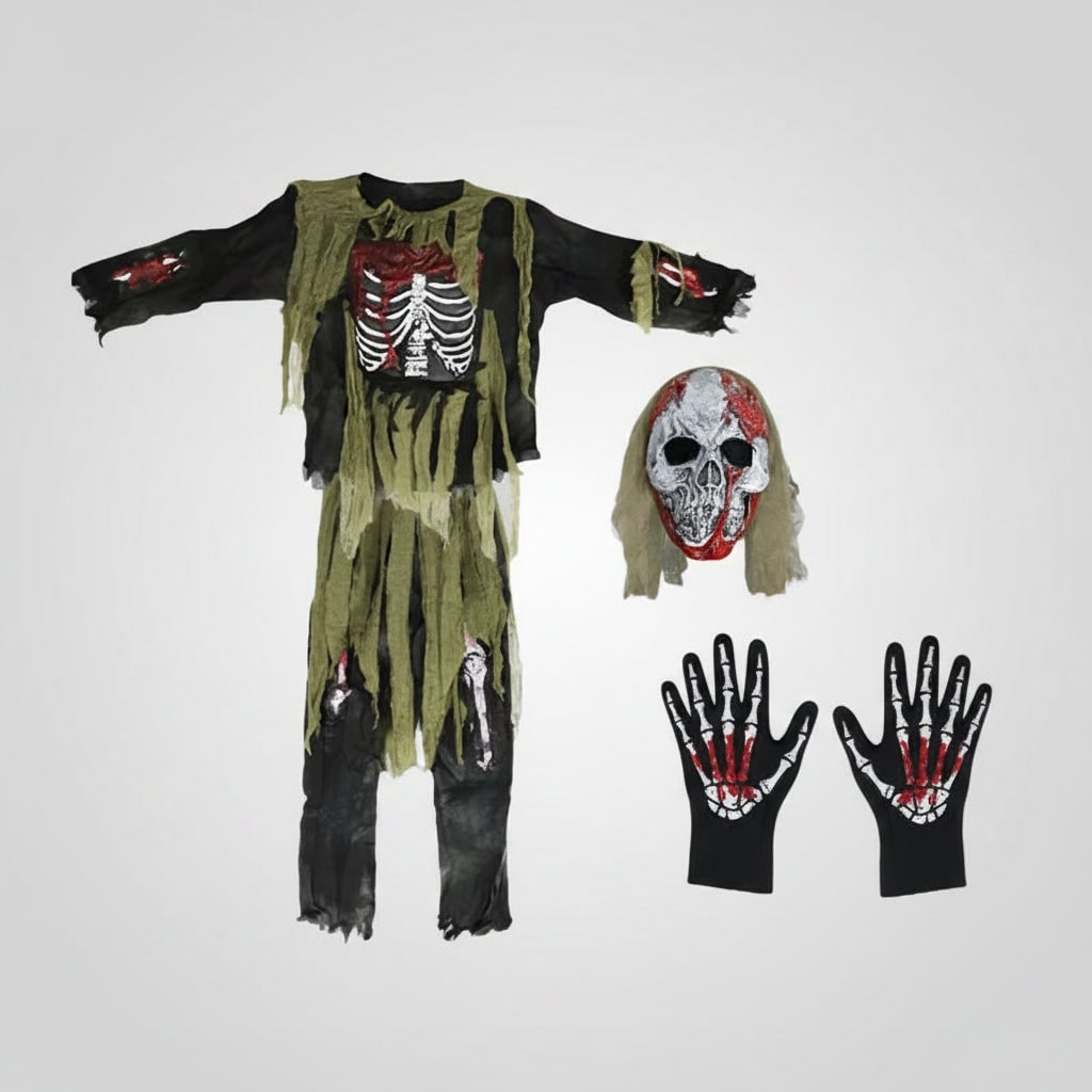 Kids' Halloween Zombie Skeleton Costume with Skull Mask and Gloves Three-Piece Set - Image 4
