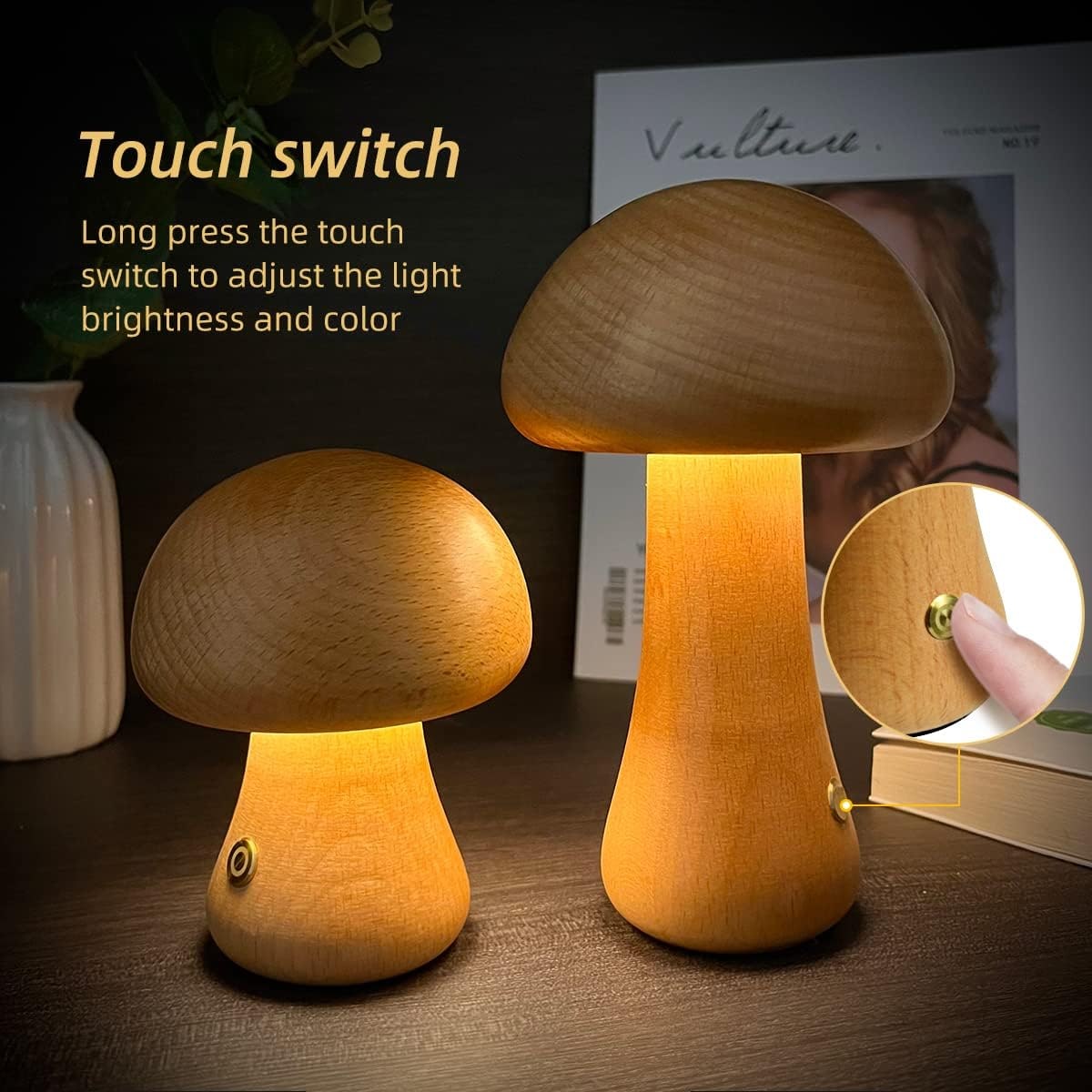 Kids' Mushroom Night Light and Lamp for Bedroom with Wooden Touch Control LED Bedside Table - Image 1