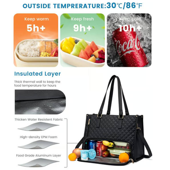 Laptop Tote Bag Lunch Quilted Insulated Water Resistant Organizer With Compartment - Image 2