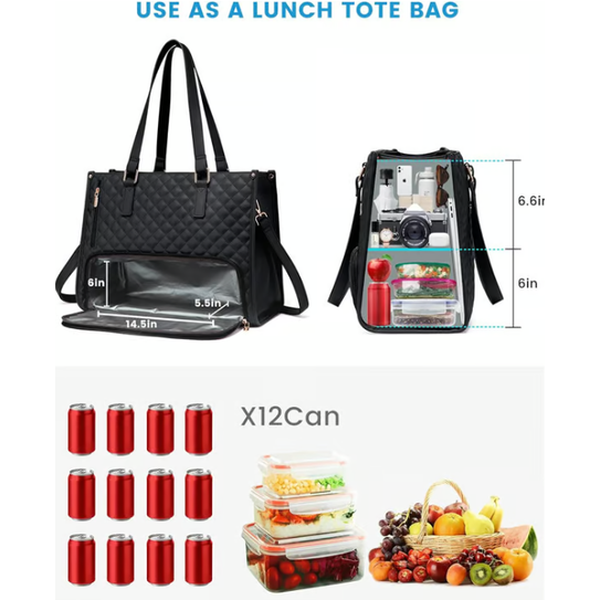Laptop Tote Bag Lunch Quilted Insulated Water Resistant Organizer With Compartment - Image 4