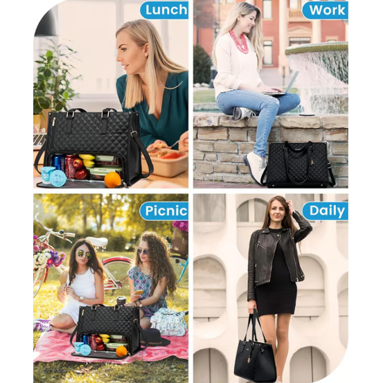 Laptop Tote Bag Lunch Quilted Insulated Water Resistant Organizer With Compartment - Image 6