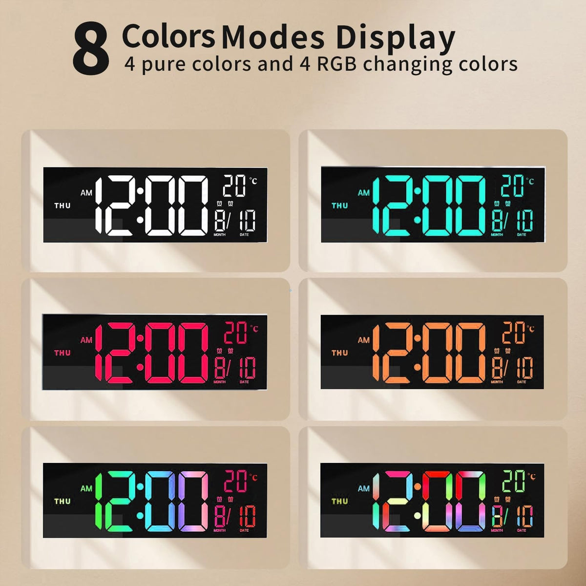 Large Digital Wall Clock with Rgb LED Display Nightlight and Dual Alarms Modern - Image 3