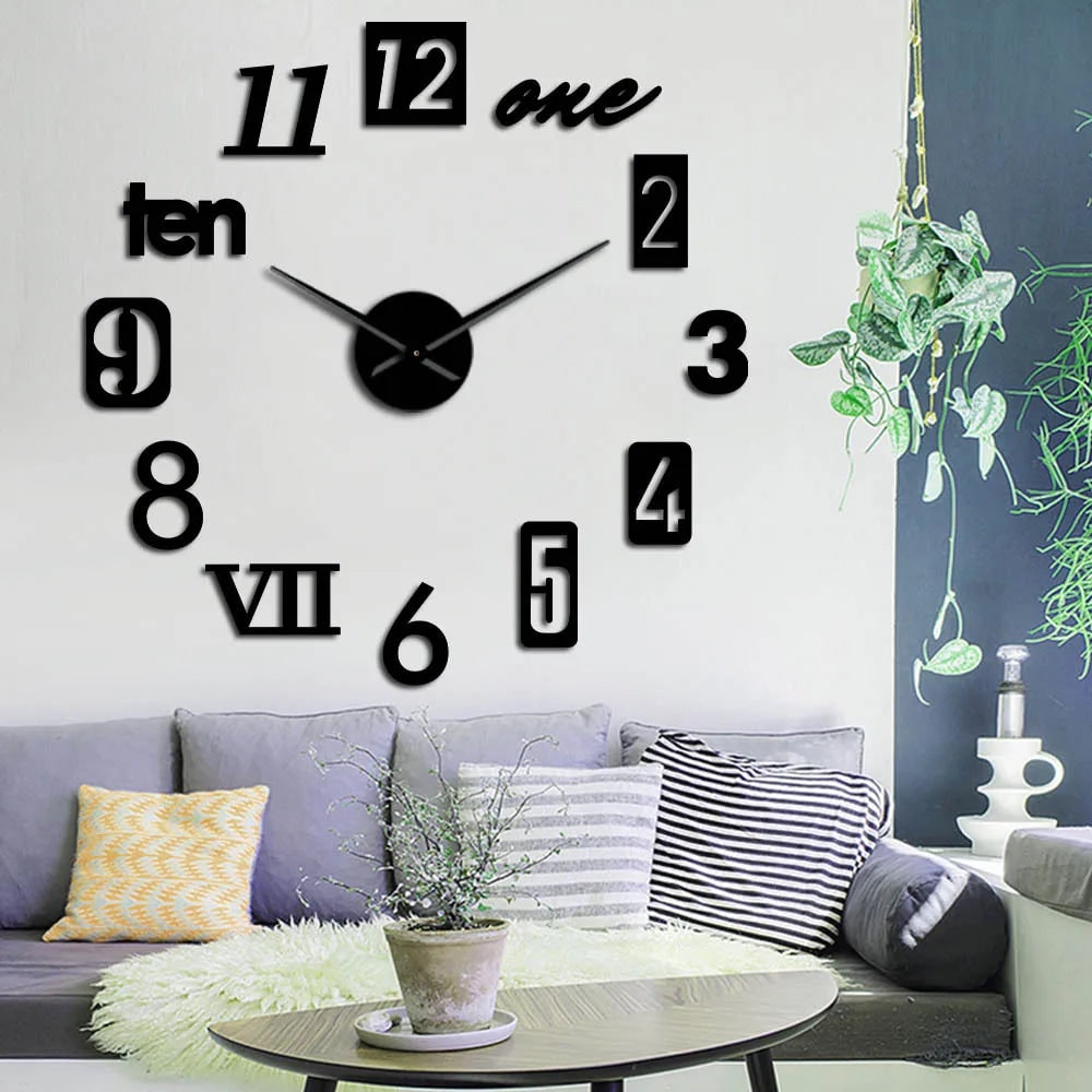 Large Long Wall Clock with 3D Adhesive Numbers and Minimalist Metal Hands Vintage - Image 1