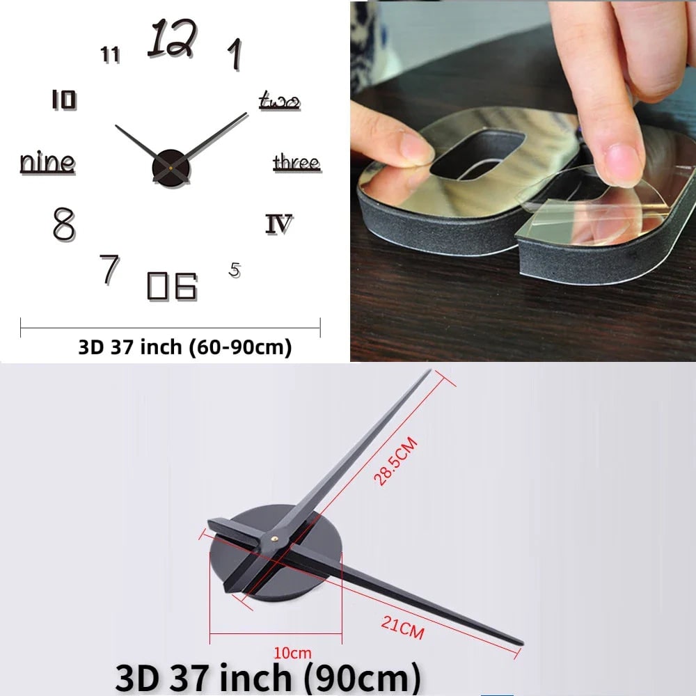 Large Long Wall Clock with 3D Adhesive Numbers and Minimalist Metal Hands Vintage - Image 3