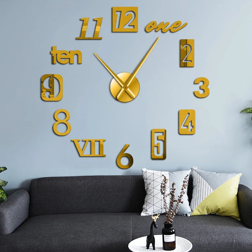 Large Long Wall Clock with 3D Adhesive Numbers and Minimalist Metal Hands Vintage - Image 4