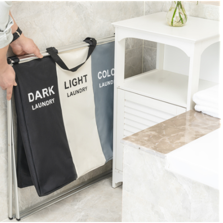 Laundry Basket Triple Collapsible Hamper with 3 Compartments and Aluminum X-Frame - Image 1