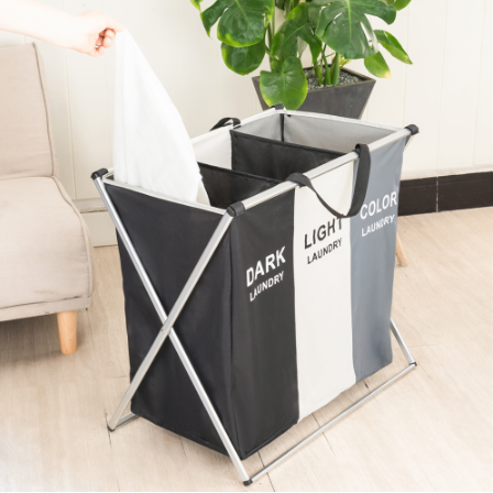 Laundry Basket Triple Collapsible Hamper with 3 Compartments and Aluminum X-Frame - Image 3