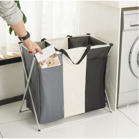 Laundry Basket Triple Collapsible Hamper with 3 Compartments and Aluminum X-Frame - Image 5