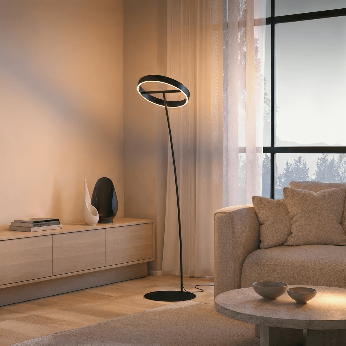LED Floor Lamp with Adjustable Dimmable Ring Head and Remote Control Mid Century Modern - Image 1