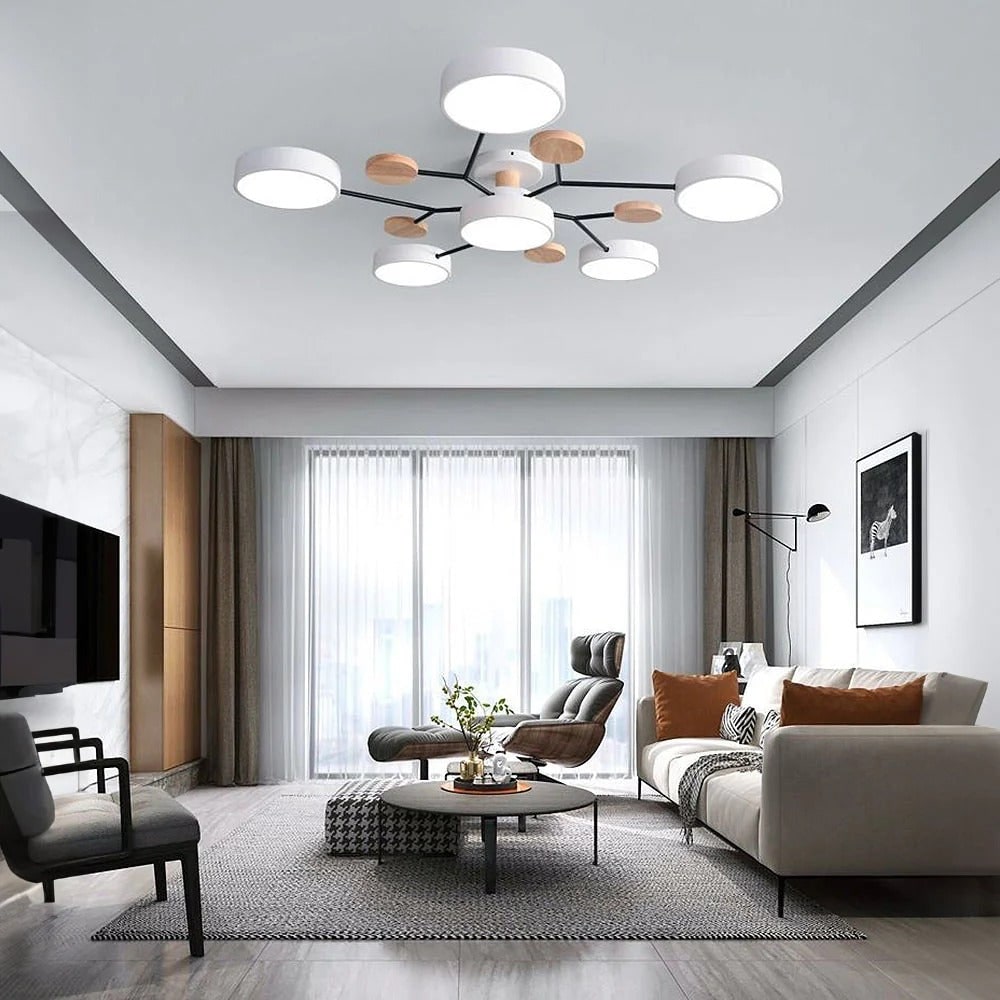 LED Semi Flush Ceiling Light Fixture with Modern Wood Accents for Kitchen Dining Room - Image 24