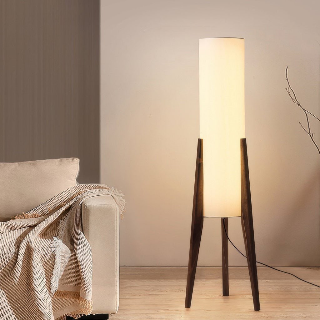LED Tall Floor Lamp with Wooden Tripod and Cylindrical Fabric Shade With Table - Image 2