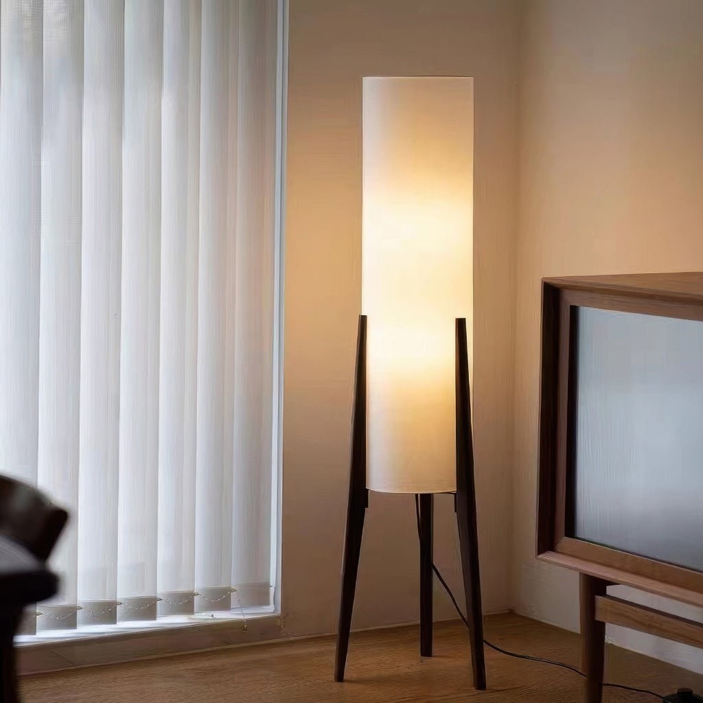 LED Tall Floor Lamp with Wooden Tripod and Cylindrical Fabric Shade With Table - Image 3