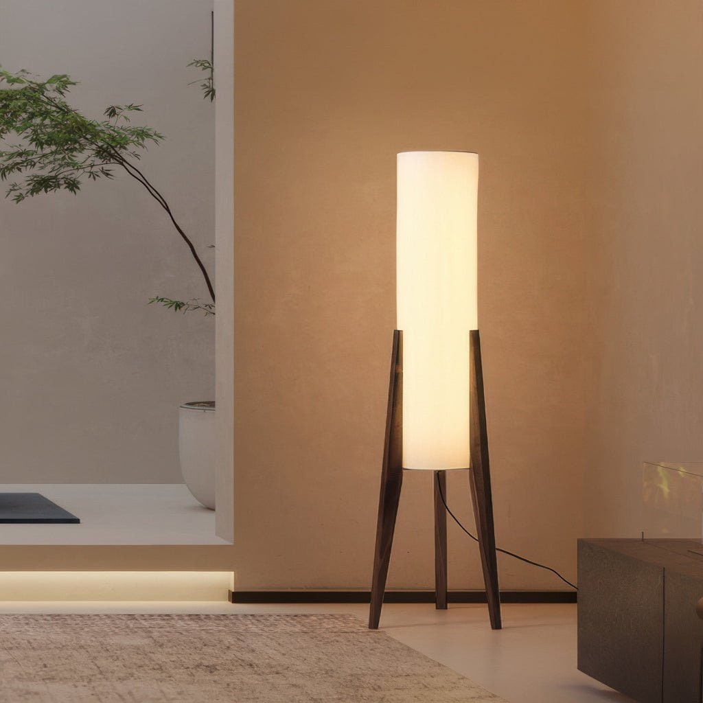 LED Tall Floor Lamp with Wooden Tripod and Cylindrical Fabric Shade With Table - Image 4