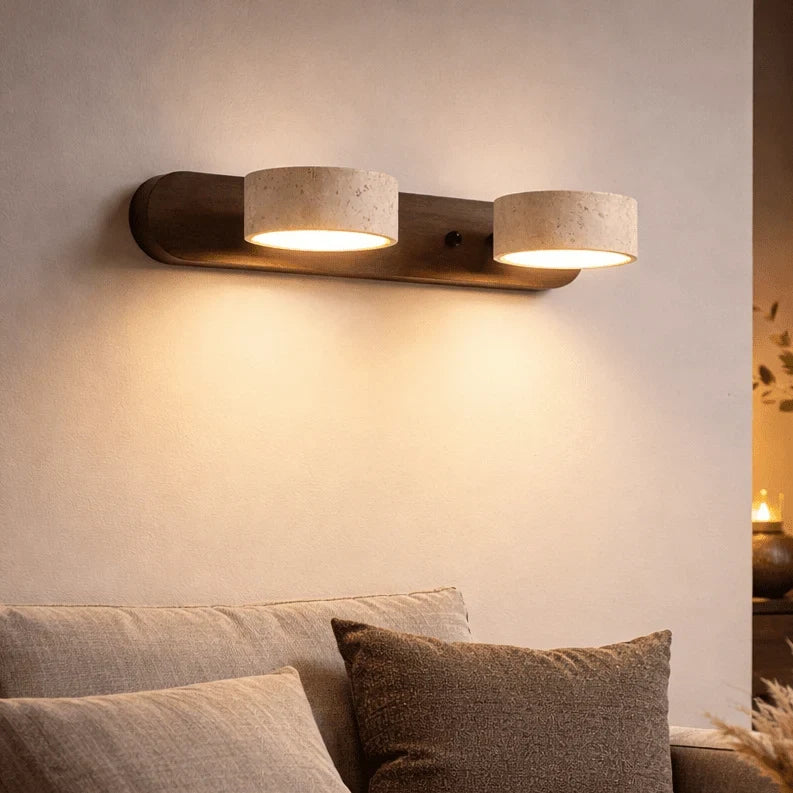 LED Wall Light with Travertine Stone and Wooden Backplate Modern Sconce - Image 1