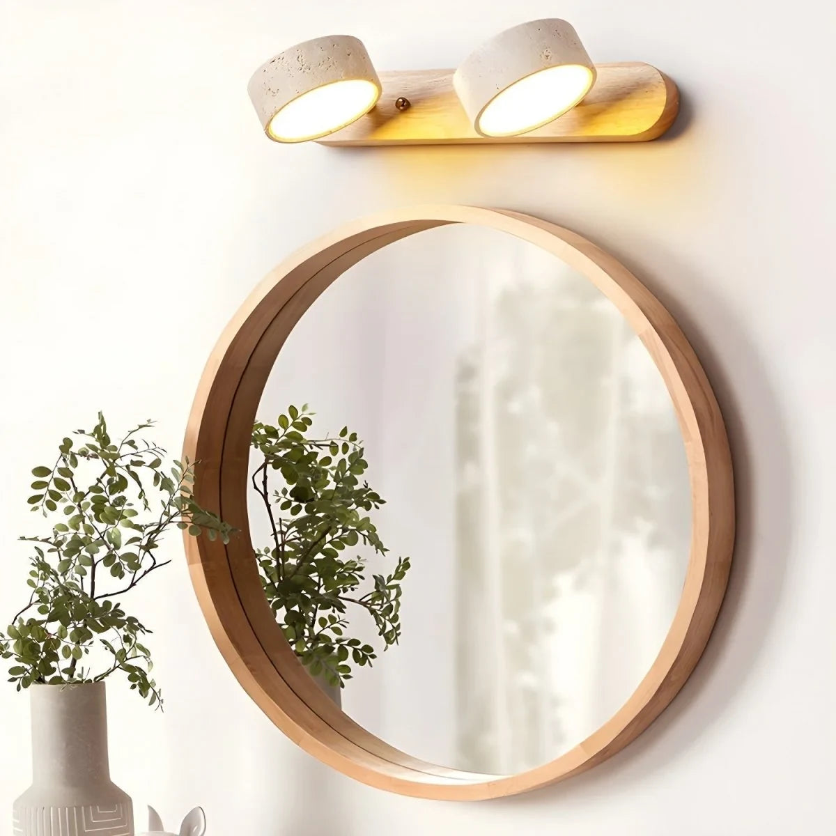 LED Wall Light with Travertine Stone and Wooden Backplate Modern Sconce - Image 4