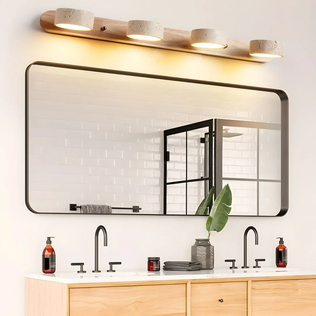 LED Wall Light with Travertine Stone and Wooden Backplate Modern Sconce - Image 6