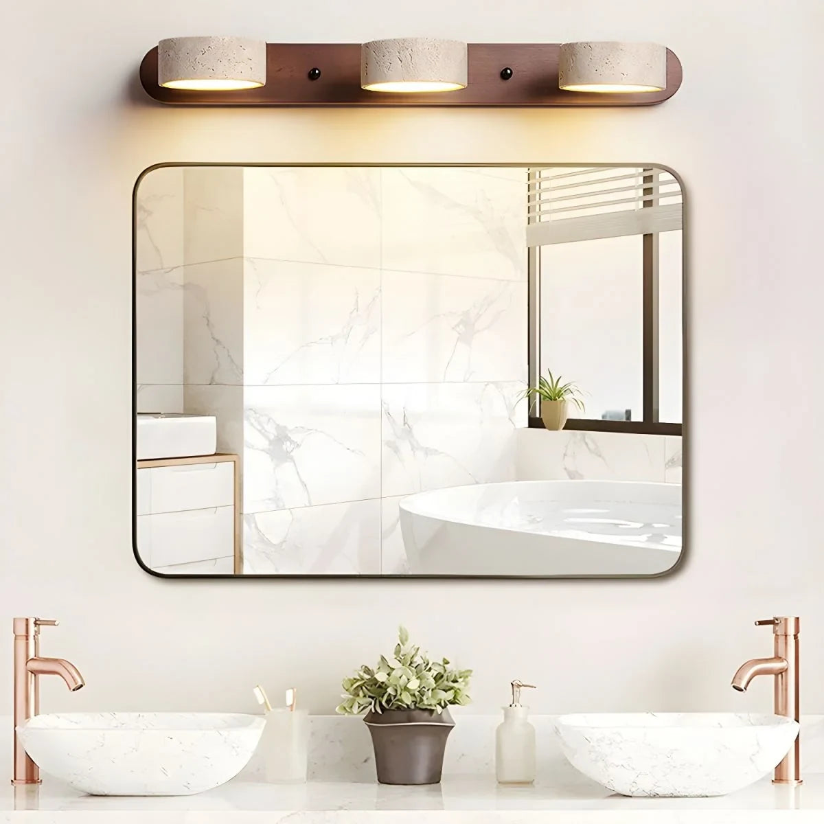 LED Wall Light with Travertine Stone and Wooden Backplate Modern Sconce - Image 7