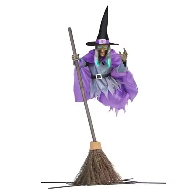 Life-Size Flying Witch Halloween Decor and Prop with Glowing LED Eyes and Broomstick Stand - Image 1