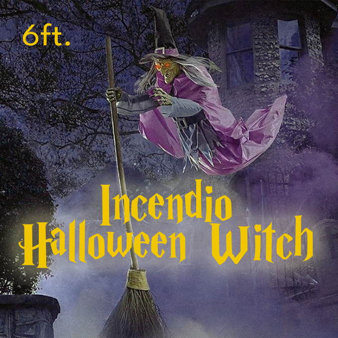 Life-Size Flying Witch Halloween Decor and Prop with Glowing LED Eyes and Broomstick Stand - Image 2
