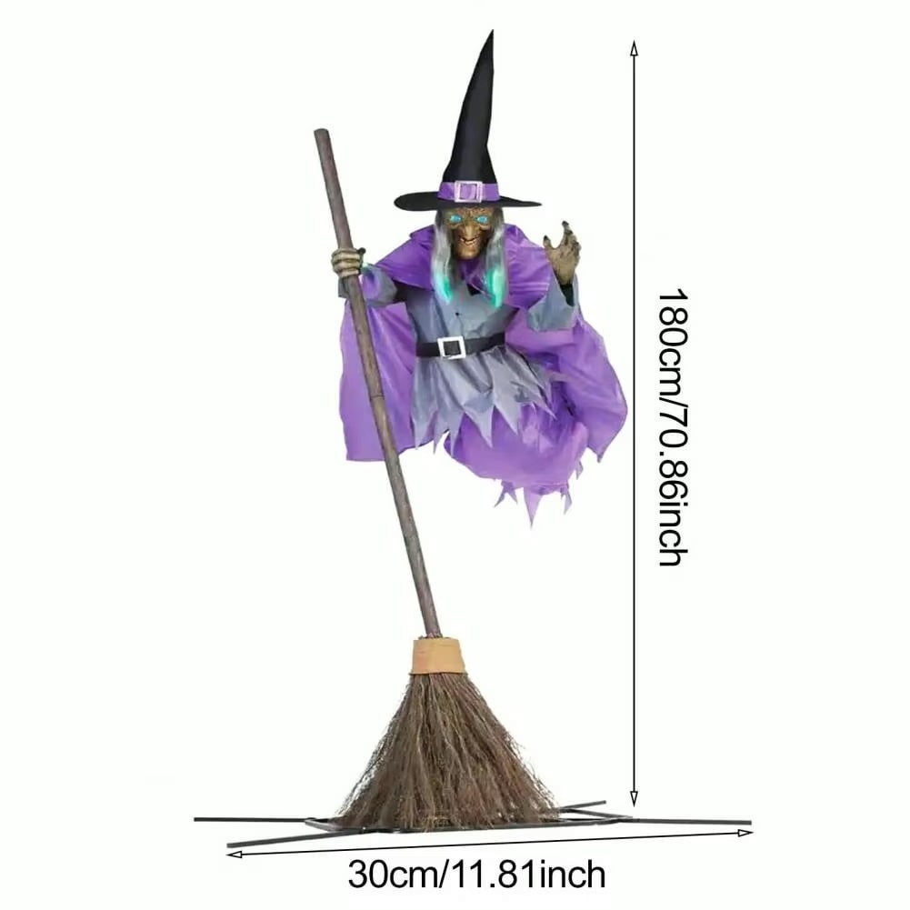 Life-Size Flying Witch Halloween Decor and Prop with Glowing LED Eyes and Broomstick Stand - Image 6