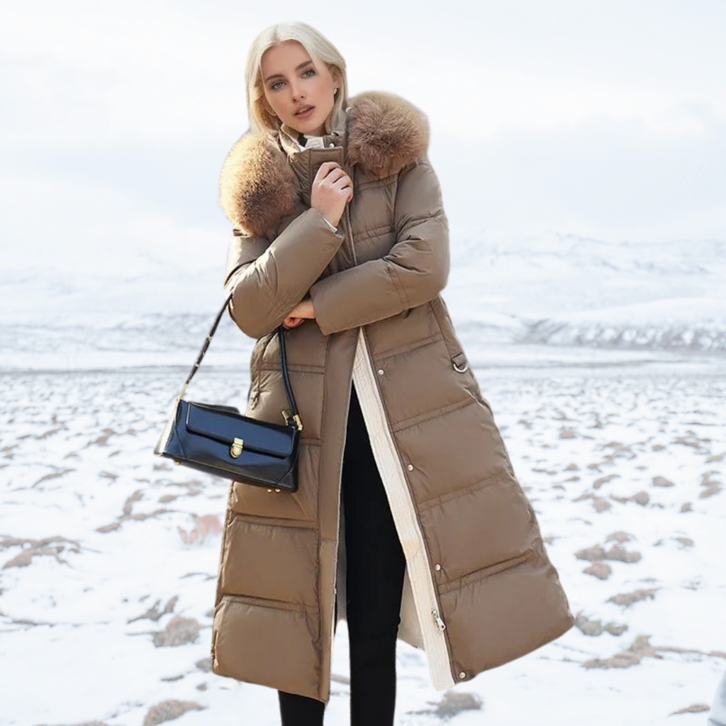 Long Faux Fur Coat with Quilted Puffer Insulation Fur-Trimmed Hood Matching Belt - Image 1