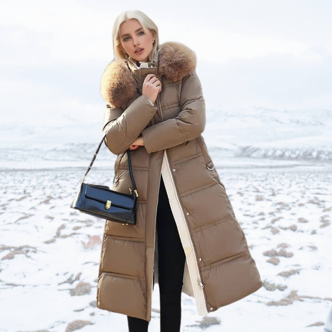 Long Faux Fur Coat with Quilted Puffer Insulation Fur-Trimmed Hood Matching Belt - Image 1