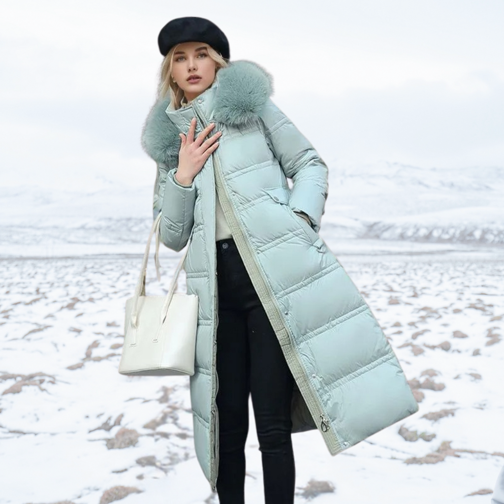 Long Faux Fur Coat with Quilted Puffer Insulation Fur-Trimmed Hood Matching Belt - Image 10
