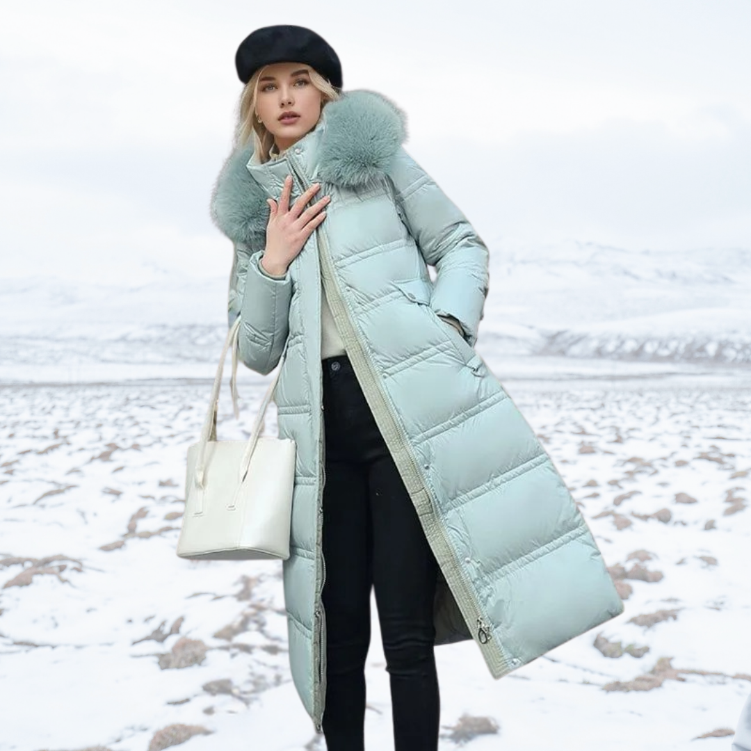 Long Faux Fur Coat with Quilted Puffer Insulation Fur-Trimmed Hood Matching Belt - Image 10