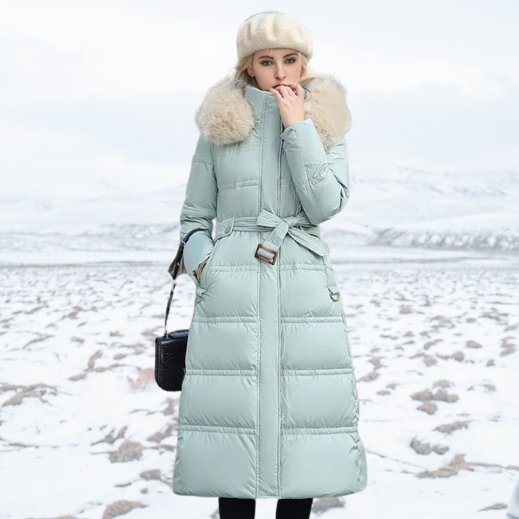 Long Faux Fur Coat with Quilted Puffer Insulation Fur-Trimmed Hood Matching Belt - Image 11