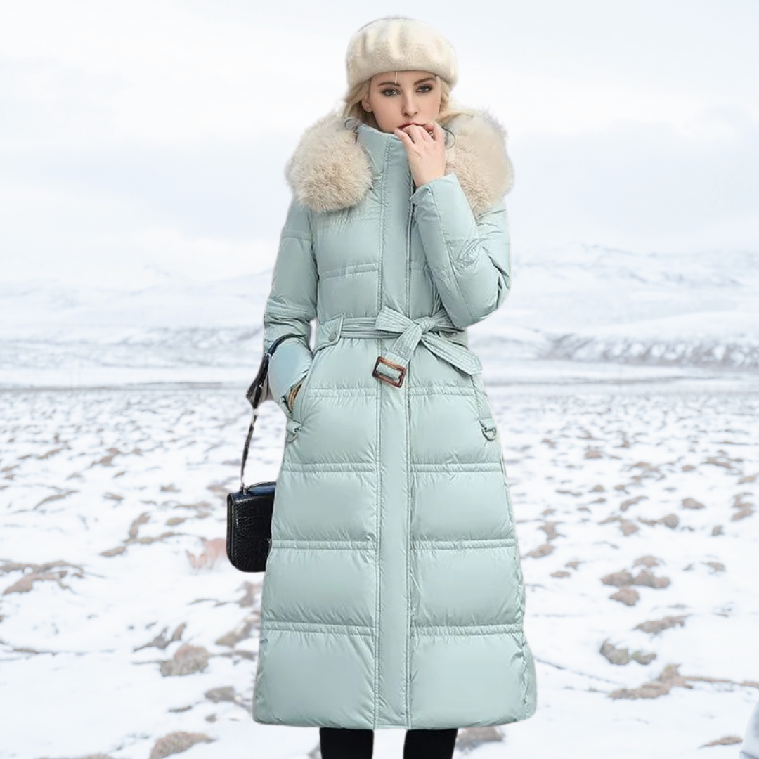 Long Faux Fur Coat with Quilted Puffer Insulation Fur-Trimmed Hood Matching Belt - Image 11