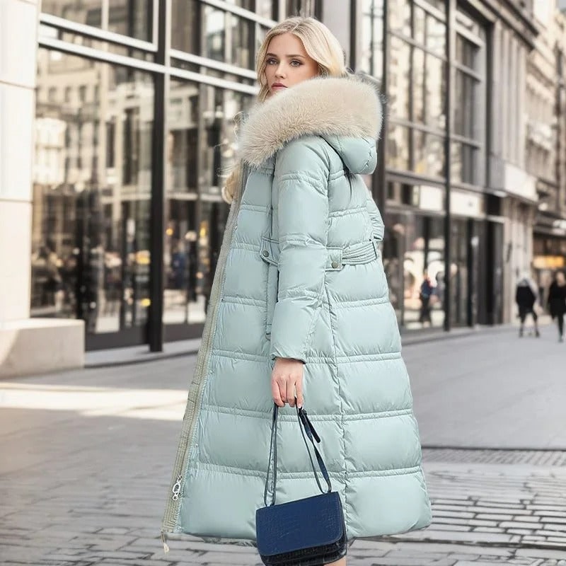 Long Faux Fur Coat with Quilted Puffer Insulation Fur-Trimmed Hood Matching Belt - Image 12