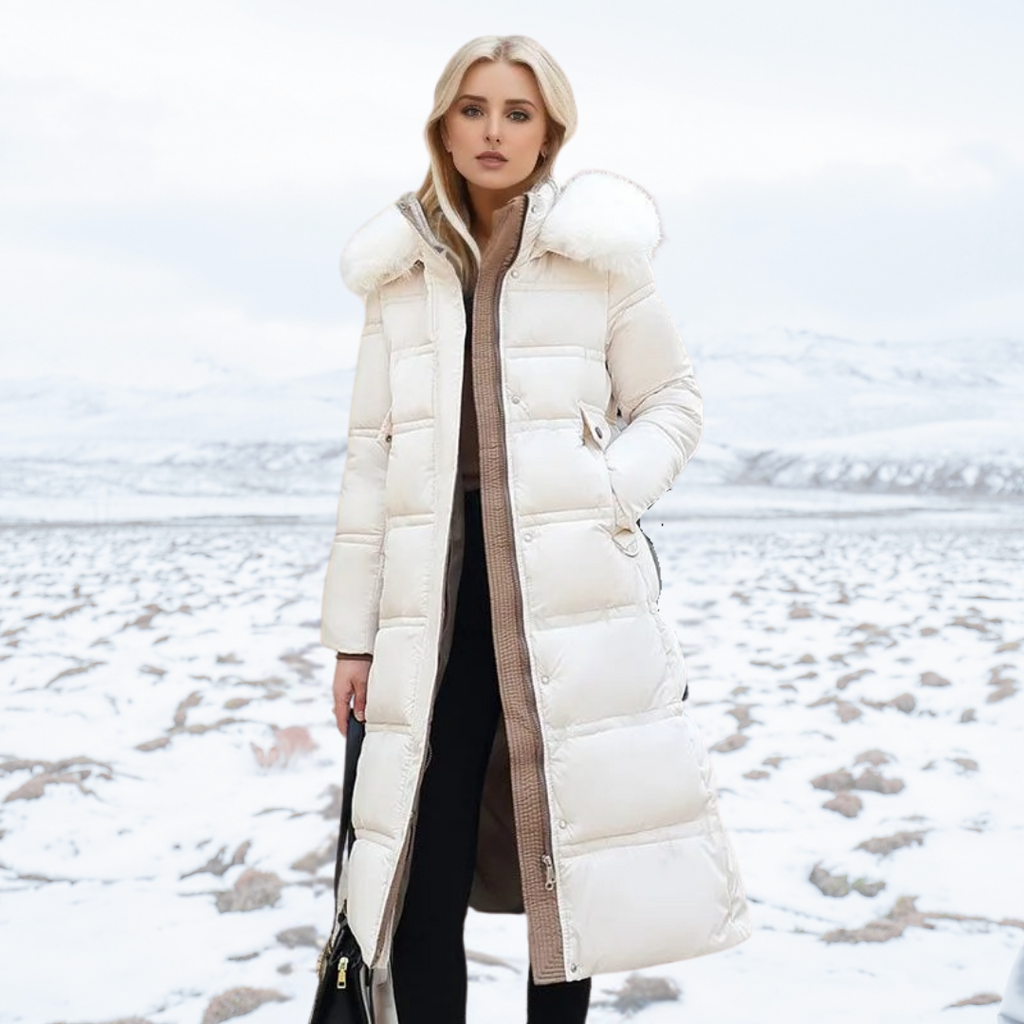 Long Faux Fur Coat with Quilted Puffer Insulation Fur-Trimmed Hood Matching Belt - Image 13