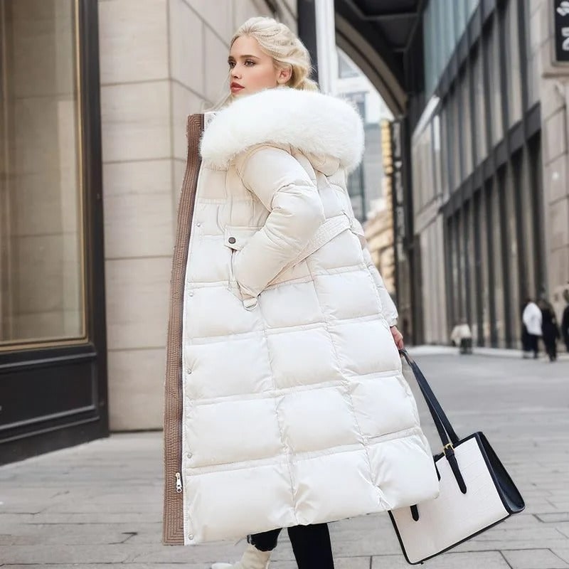 Long Faux Fur Coat with Quilted Puffer Insulation Fur-Trimmed Hood Matching Belt - Image 14