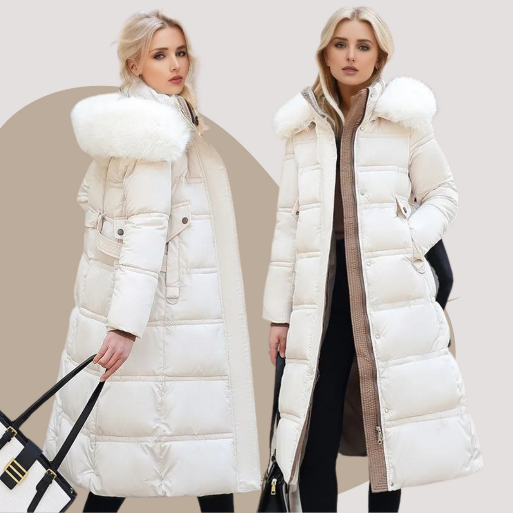 Long Faux Fur Coat with Quilted Puffer Insulation Fur-Trimmed Hood Matching Belt - Image 18