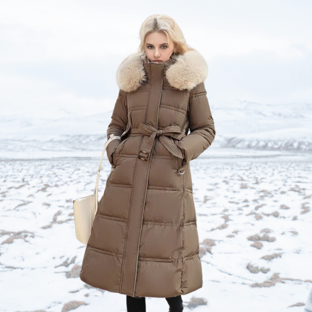 Long Faux Fur Coat with Quilted Puffer Insulation Fur-Trimmed Hood Matching Belt - Image 2